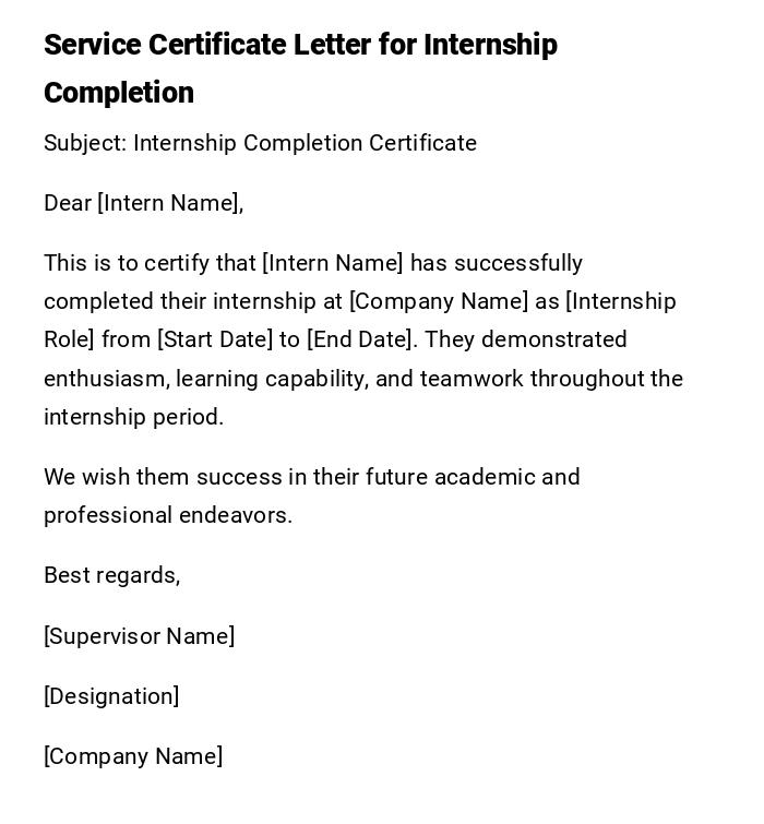 Service Certificate Letter for Internship Completion