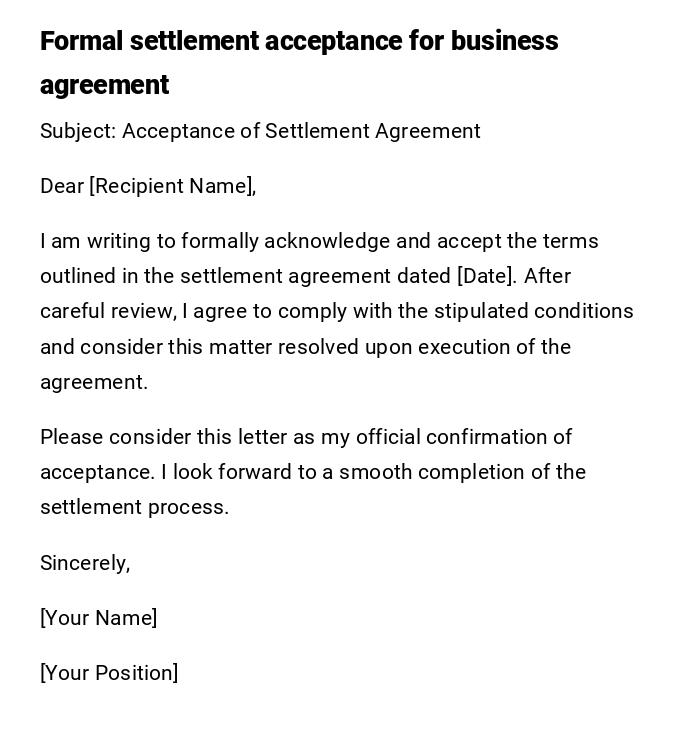 Formal settlement acceptance for business agreement