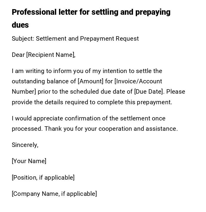 Professional letter for settling and prepaying dues