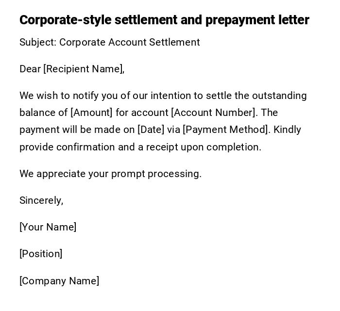 Corporate-style settlement and prepayment letter