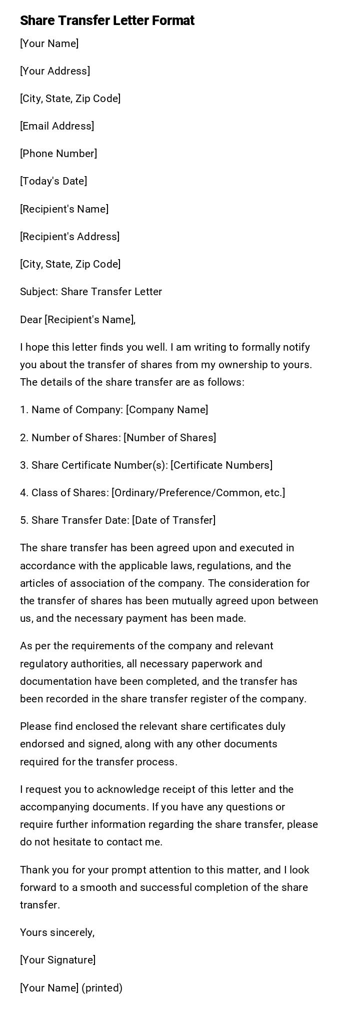 Share Transfer Letter Format