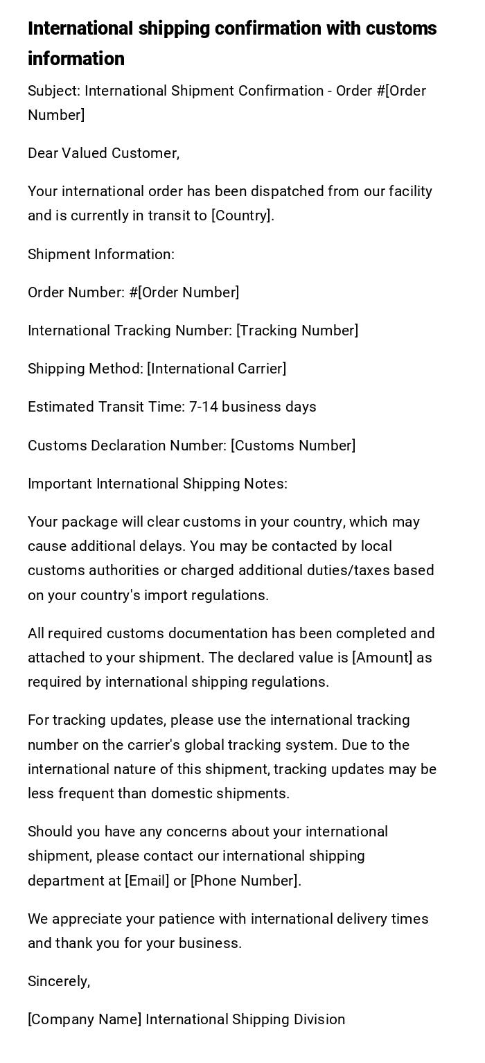 International shipping confirmation with customs information