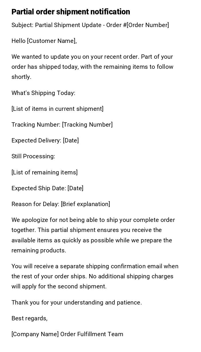 Partial order shipment notification