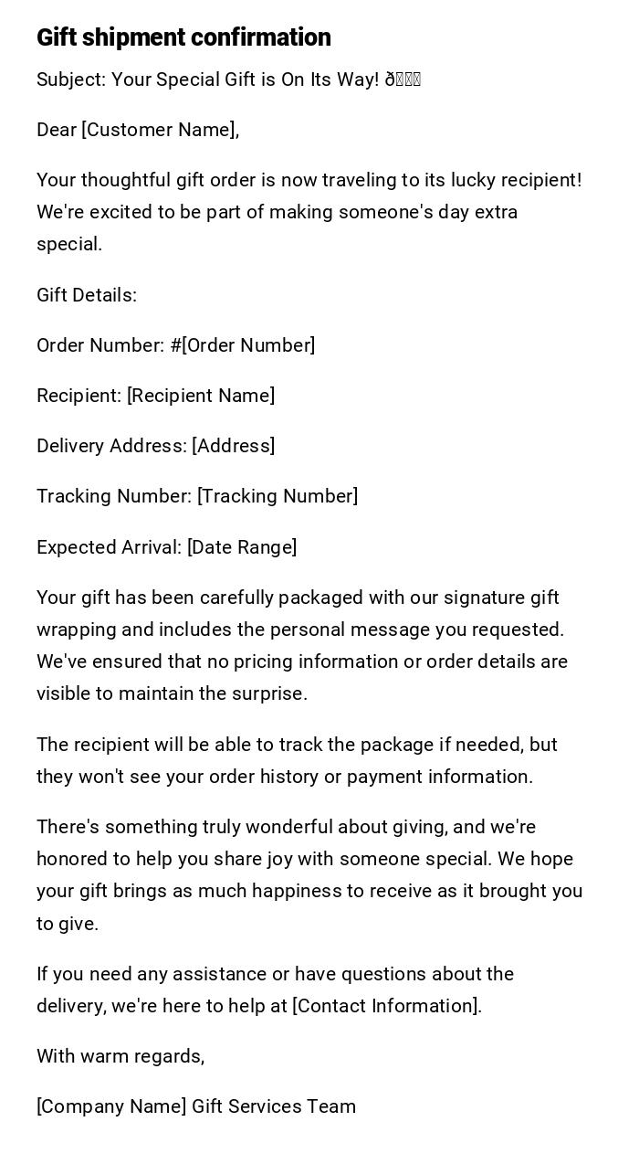 Gift shipment confirmation
