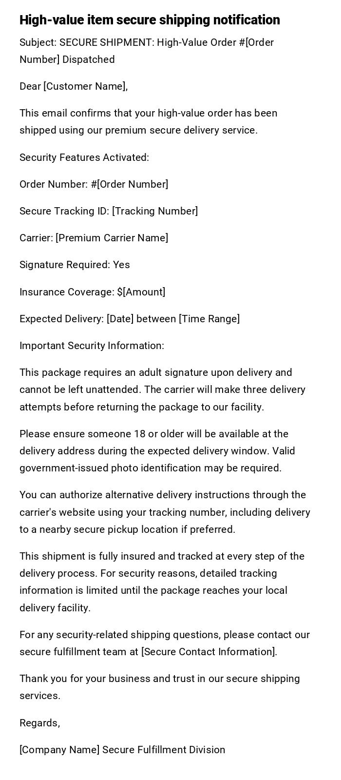 High-value item secure shipping notification
