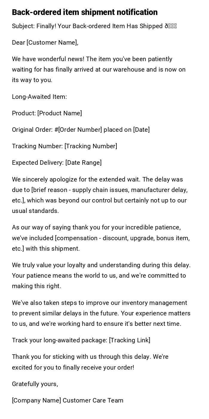 Back-ordered item shipment notification