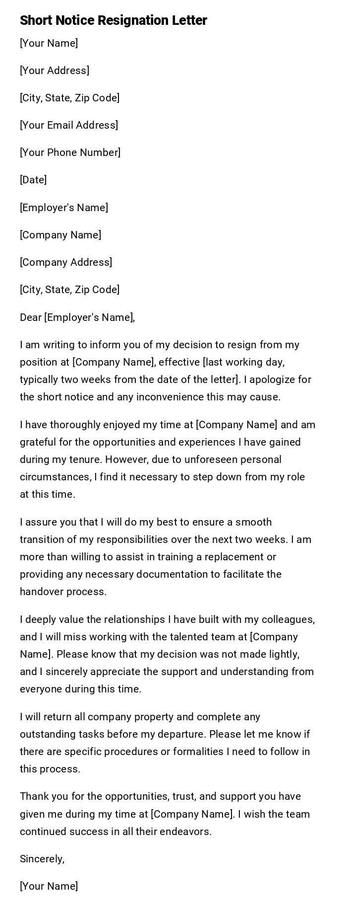 Short Notice Resignation Letter Short Notice Resignation Letter