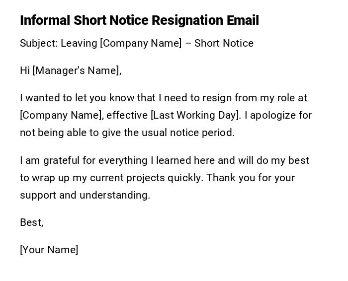Informal Short Notice Resignation Email Informal Short Notice Resignation Email