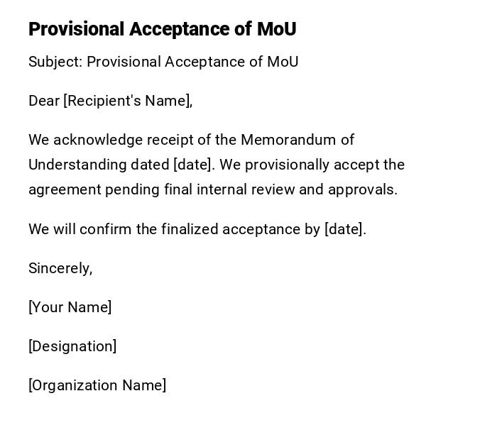 Provisional Acceptance of MoU