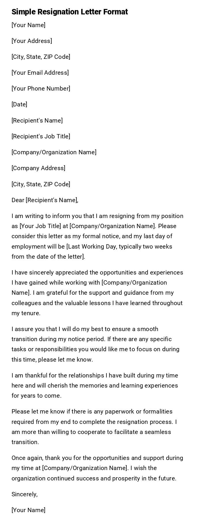 Simple Resignation Letter Format