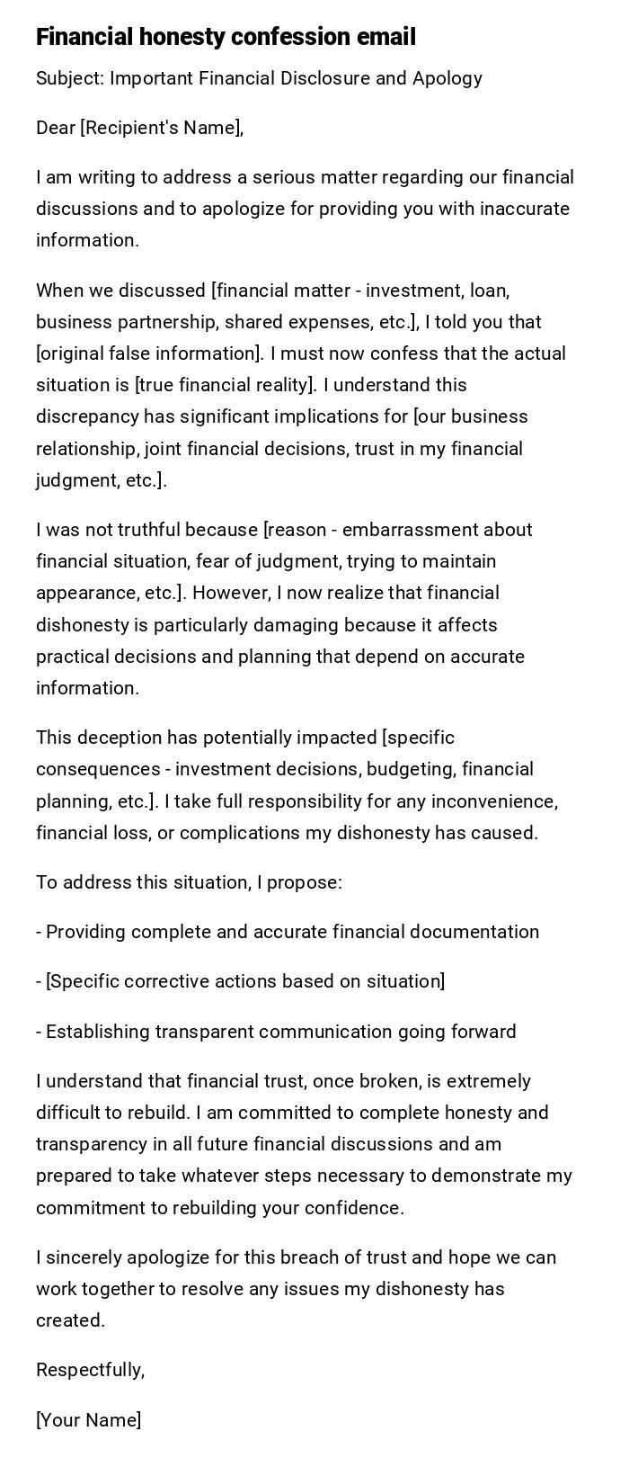 Financial honesty confession email