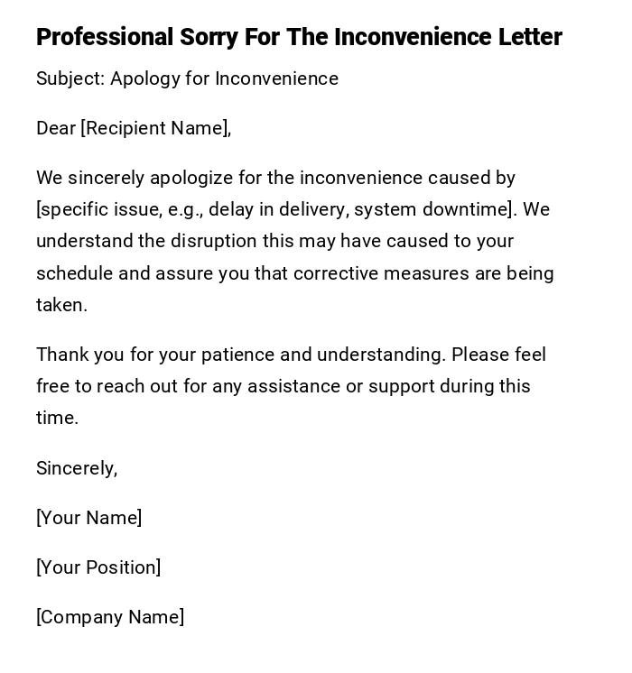 Professional Sorry For The Inconvenience Letter Professional Sorry For The Inconvenience Letter
