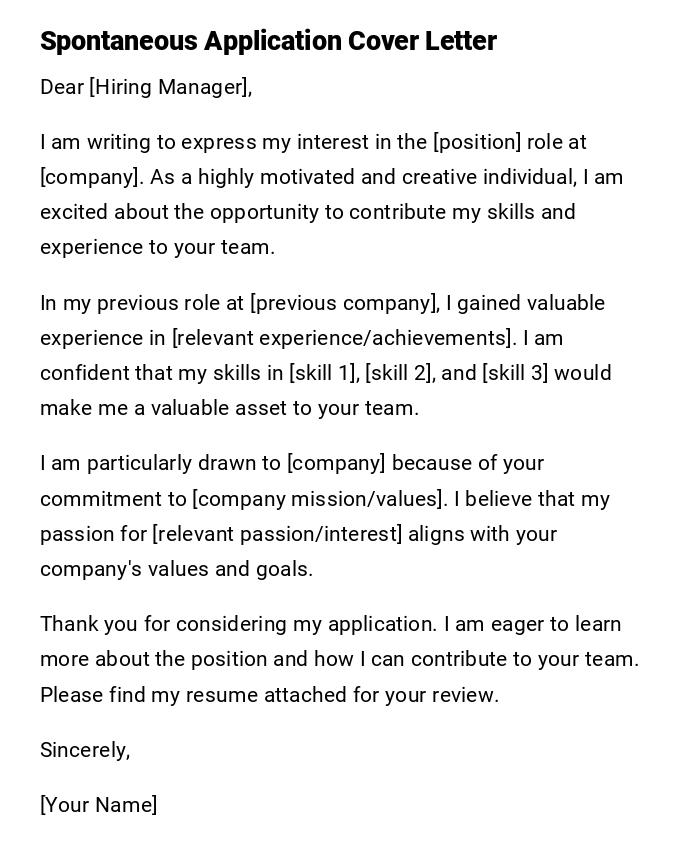 Spontaneous Application Cover Letter Spontaneous Application Cover Letter