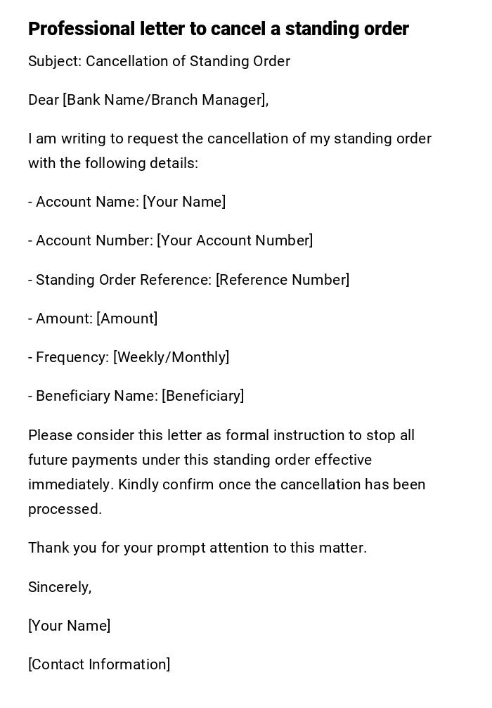 Professional letter to cancel a standing order