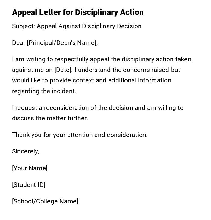 Appeal Letter for Disciplinary Action Appeal Letter for Disciplinary Action