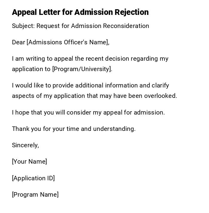 Appeal Letter for Admission Rejection Appeal Letter for Admission Rejection