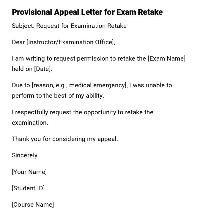 Provisional Appeal Letter for Exam Retake Provisional Appeal Letter for Exam Retake