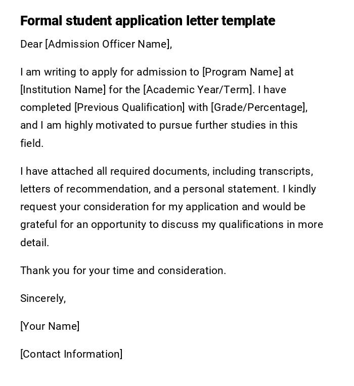 Formal student application letter template