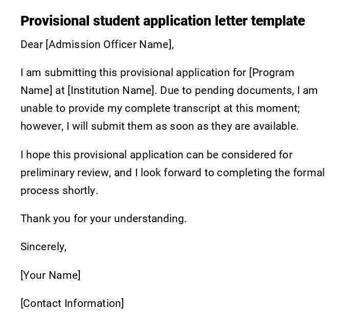 Provisional student application letter template