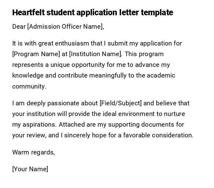 Heartfelt student application letter template