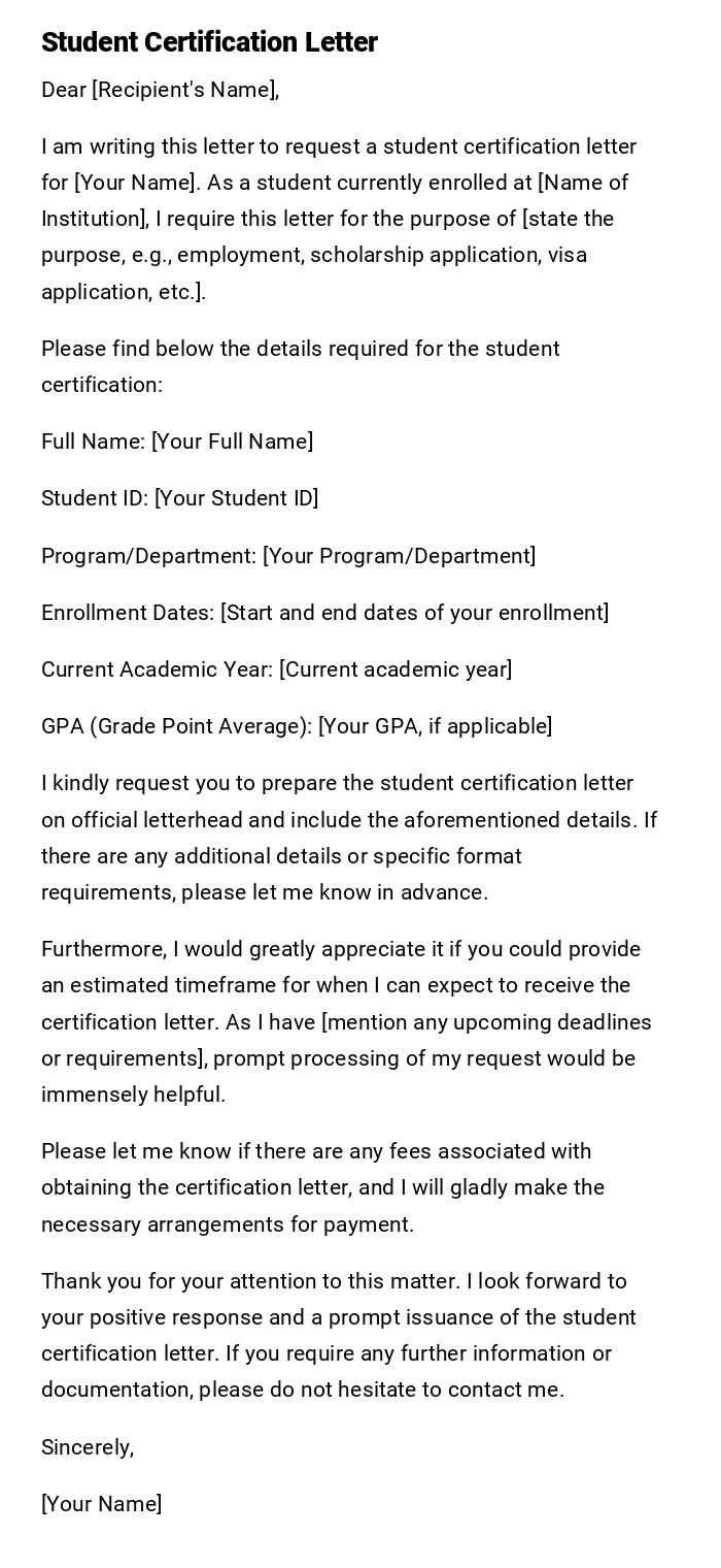 Student Certification Letter