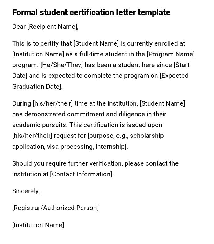 Formal student certification letter template