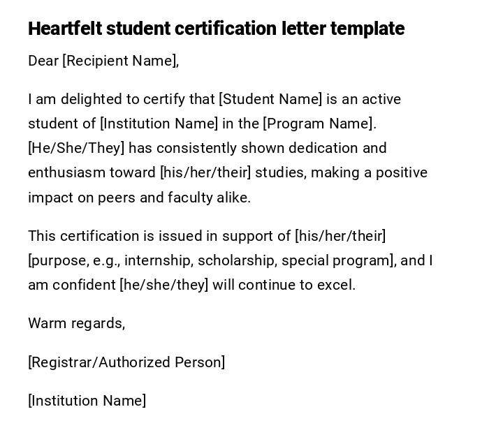 Heartfelt student certification letter template