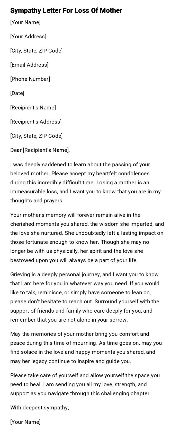 Sympathy Letter For Loss Of Mother Sympathy Letter For Loss Of Mother