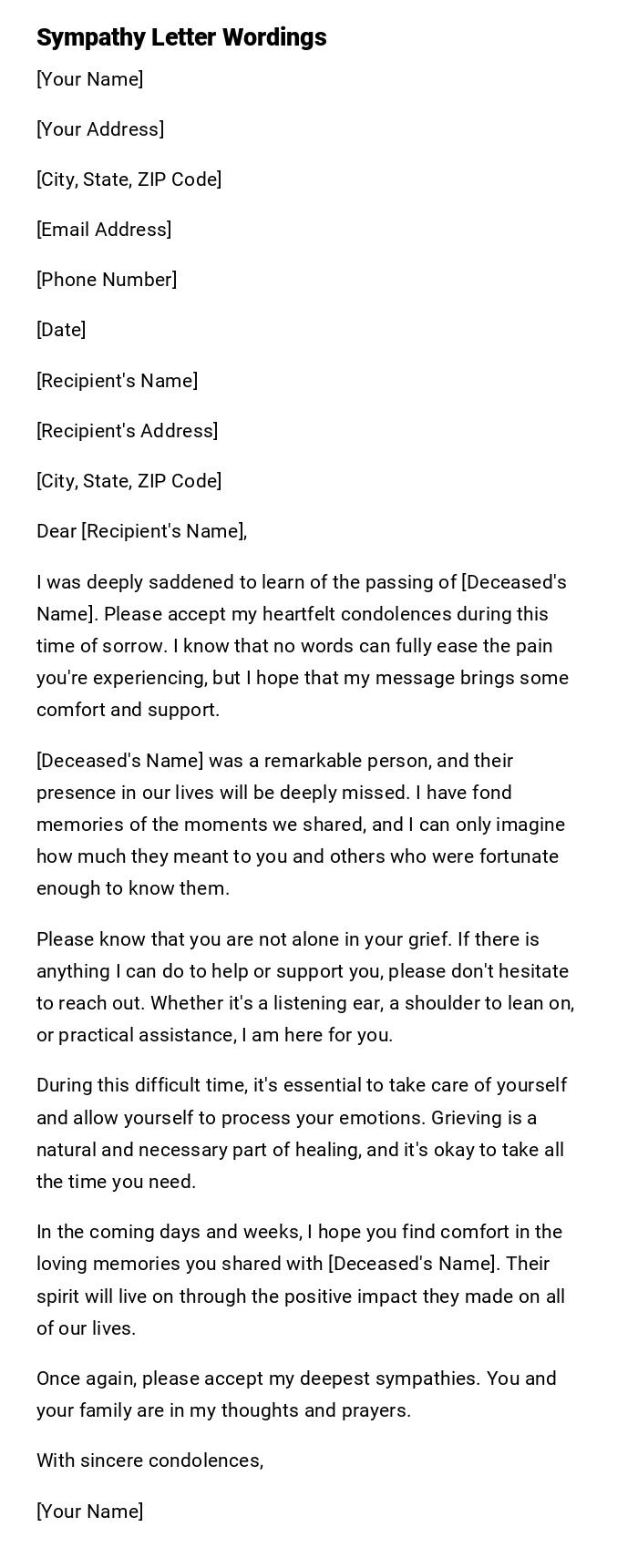 Sympathy Letter Wordings Sympathy Letter Wordings