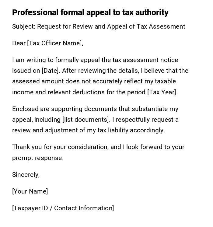 Professional formal appeal to tax authority