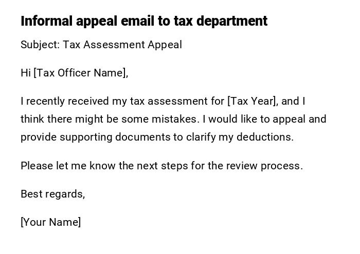 Informal appeal email to tax department