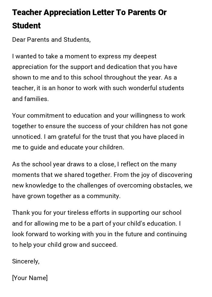 Teacher Appreciation Letter To Parents Or Student