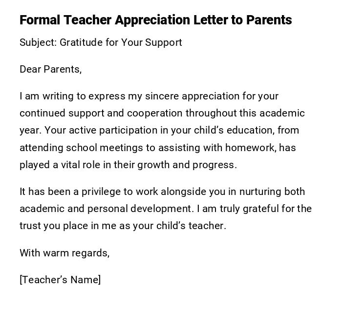 Formal Teacher Appreciation Letter to Parents