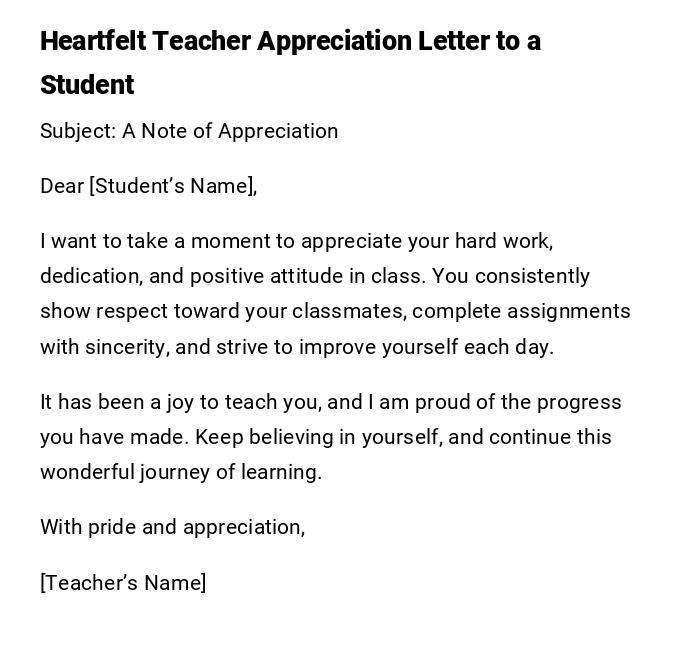 Heartfelt Teacher Appreciation Letter to a Student
