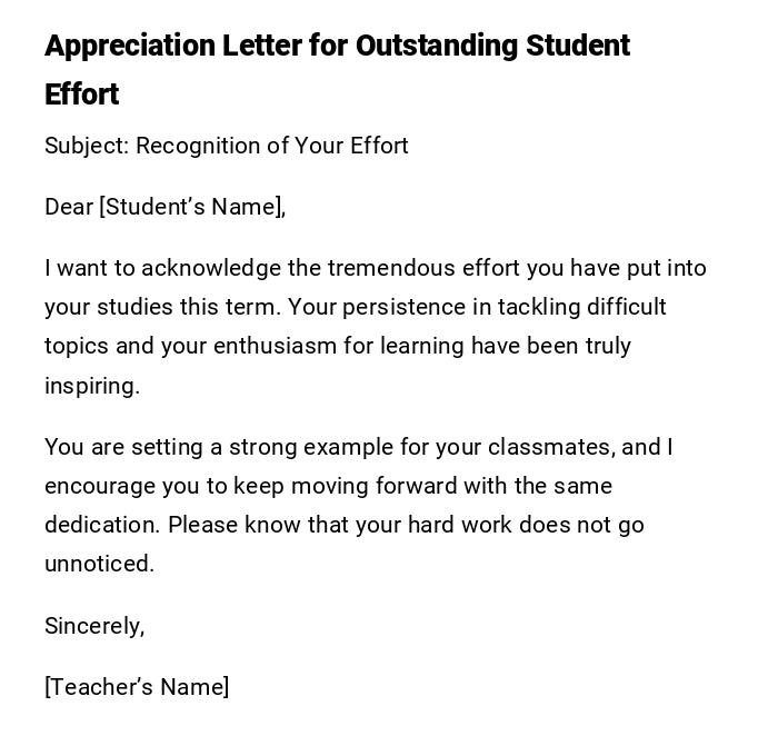 Appreciation Letter for Outstanding Student Effort