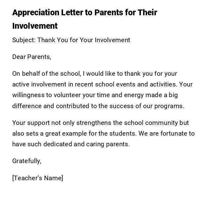 Appreciation Letter to Parents for Their Involvement