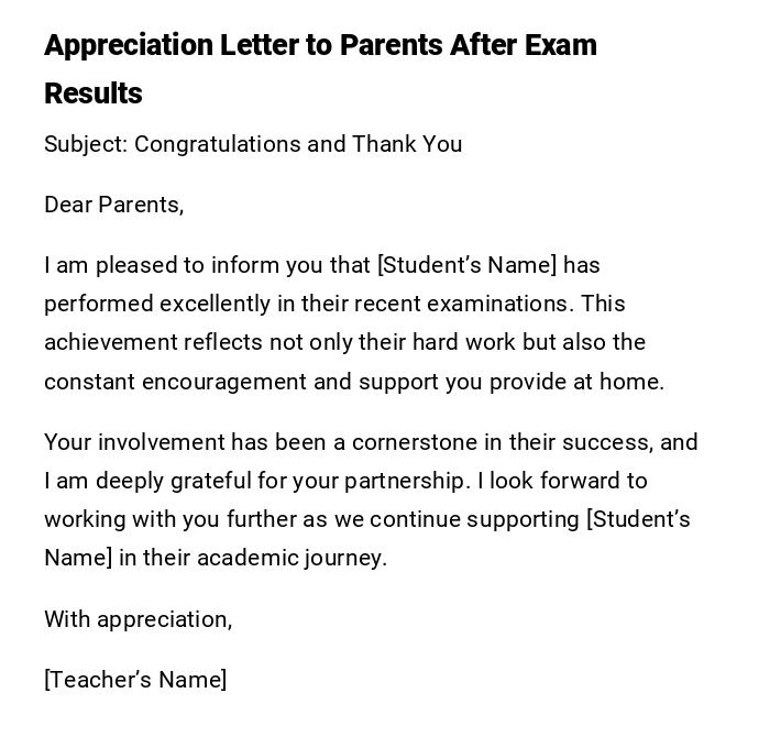 Appreciation Letter to Parents After Exam Results