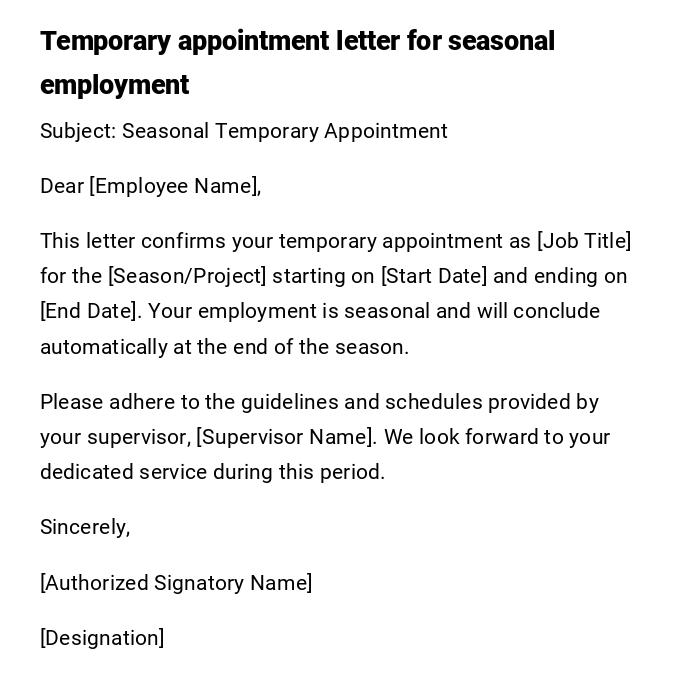 Temporary appointment letter for seasonal employment