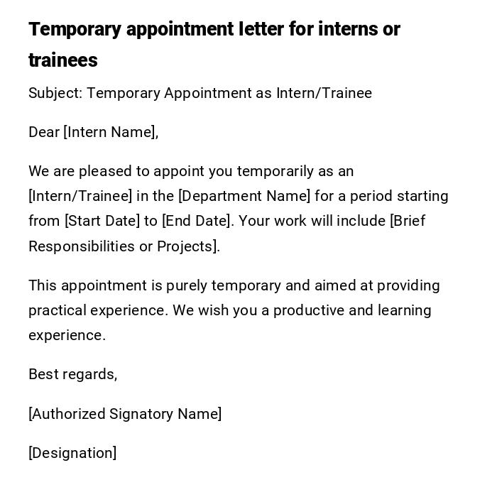Temporary appointment letter for interns or trainees