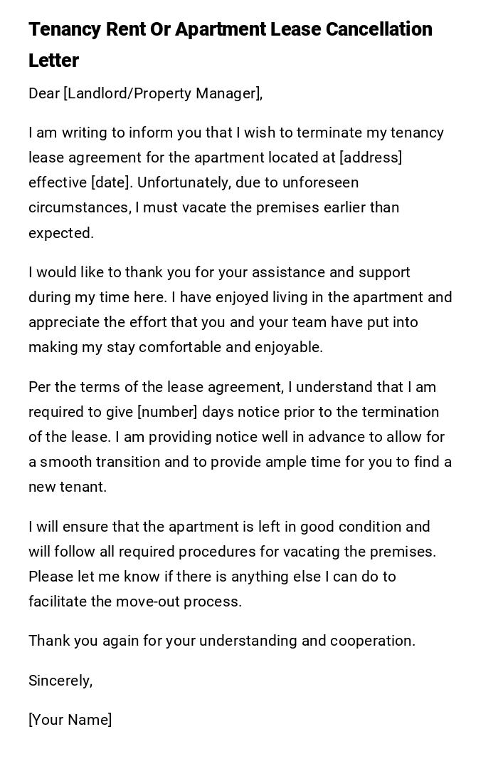 Tenancy Rent Or Apartment Lease Cancellation Letter Tenancy Rent Or Apartment Lease Cancellation Letter