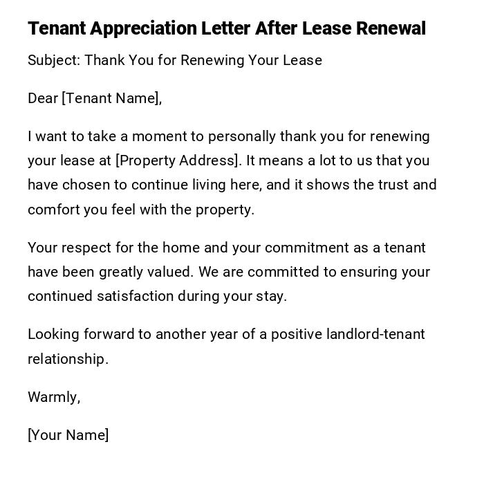 Tenant Appreciation Letter After Lease Renewal
