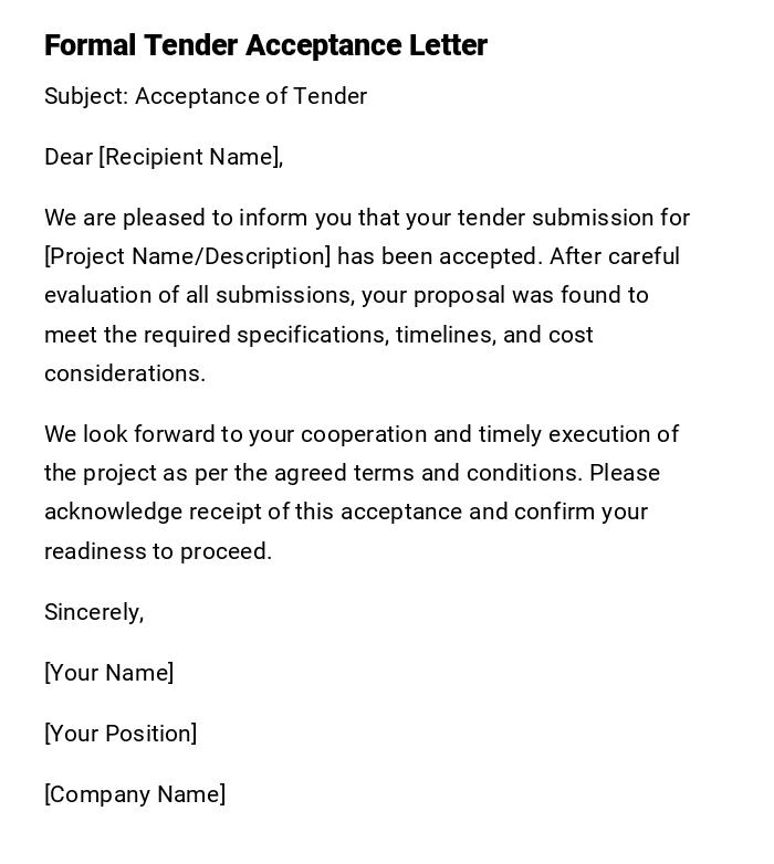Formal Tender Acceptance Letter