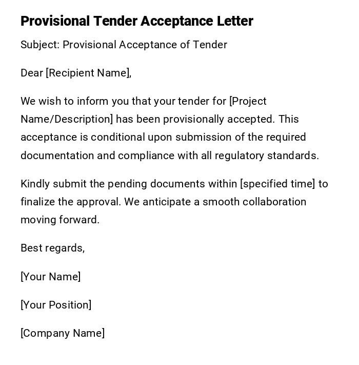 Provisional Tender Acceptance Letter