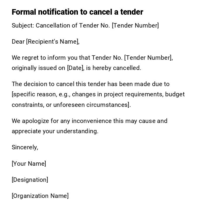 Formal notification to cancel a tender