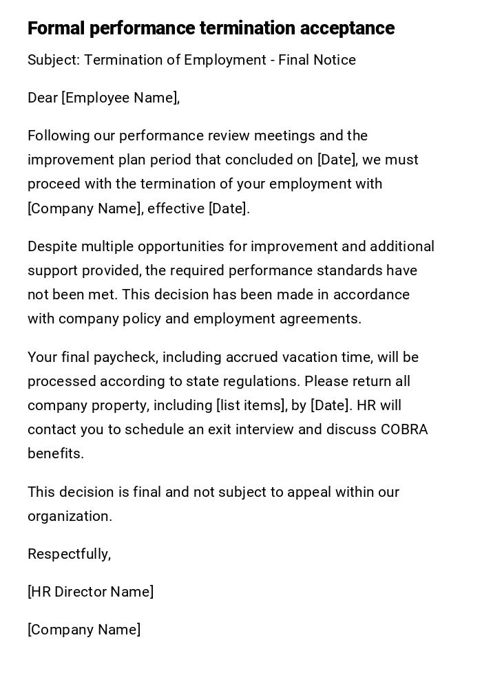 Formal performance termination acceptance