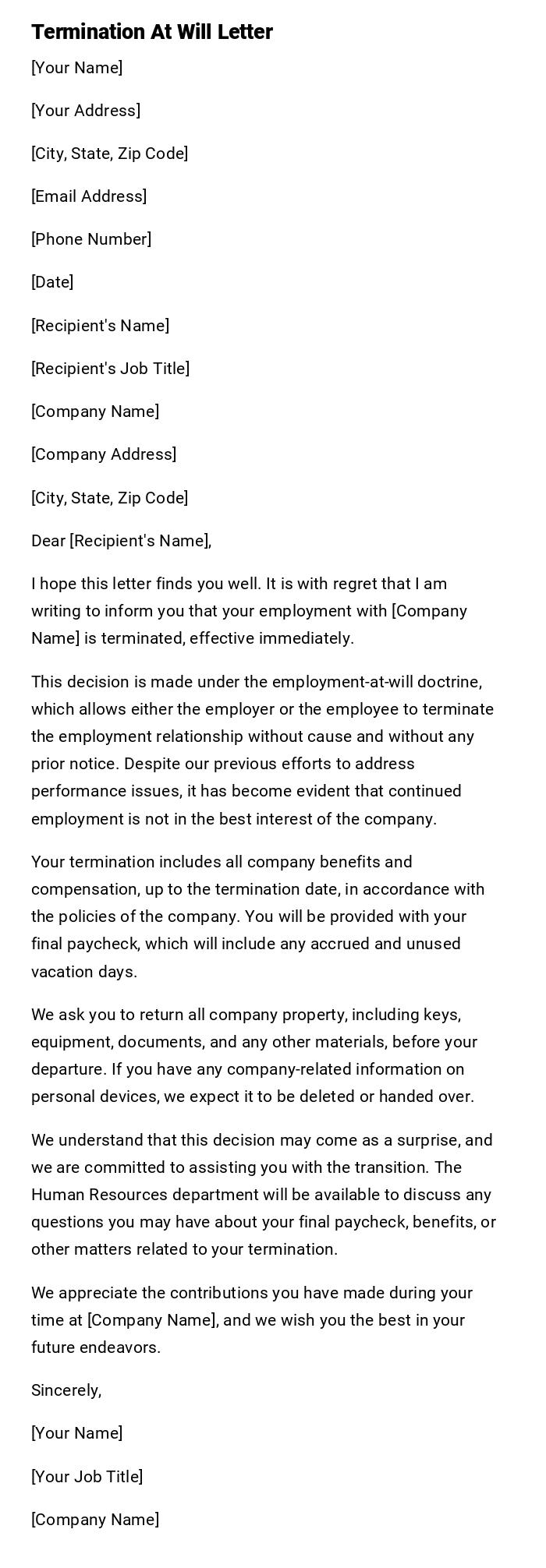 Termination At Will Letter