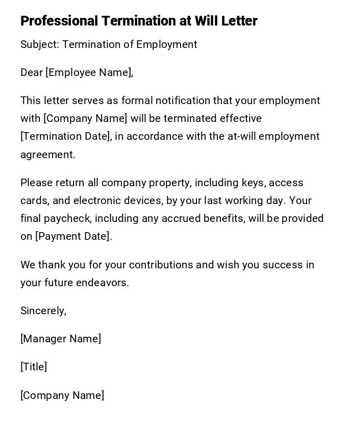 Professional Termination at Will Letter