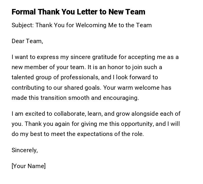 Formal Thank You Letter to New Team
