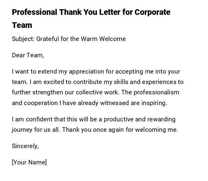 Professional Thank You Letter for Corporate Team