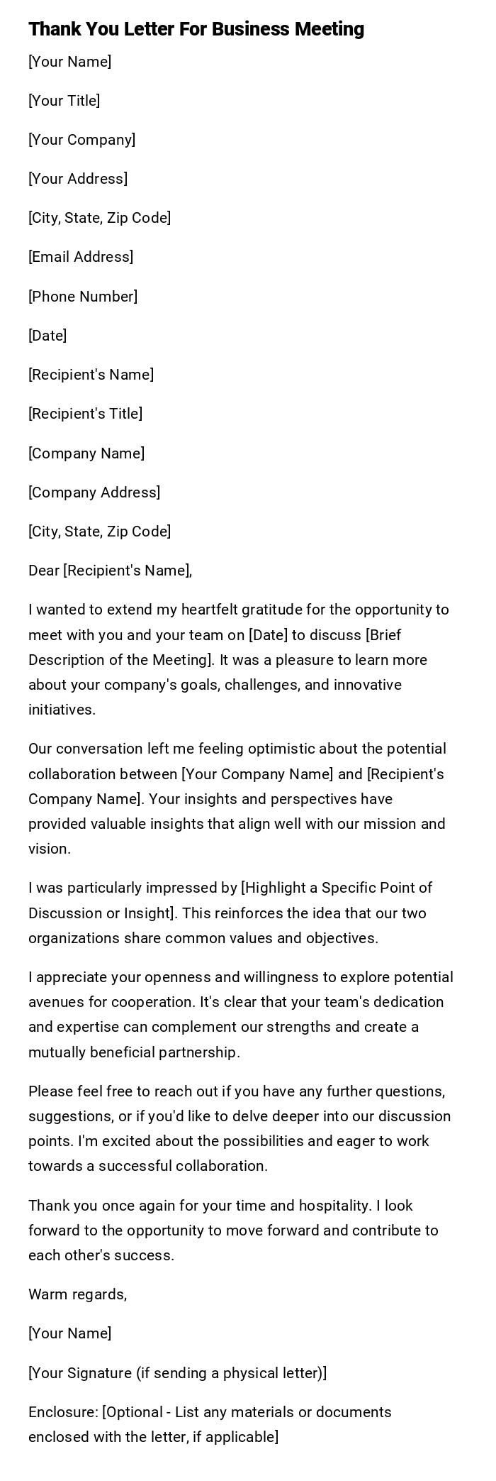 Thank You Letter For Business Meeting